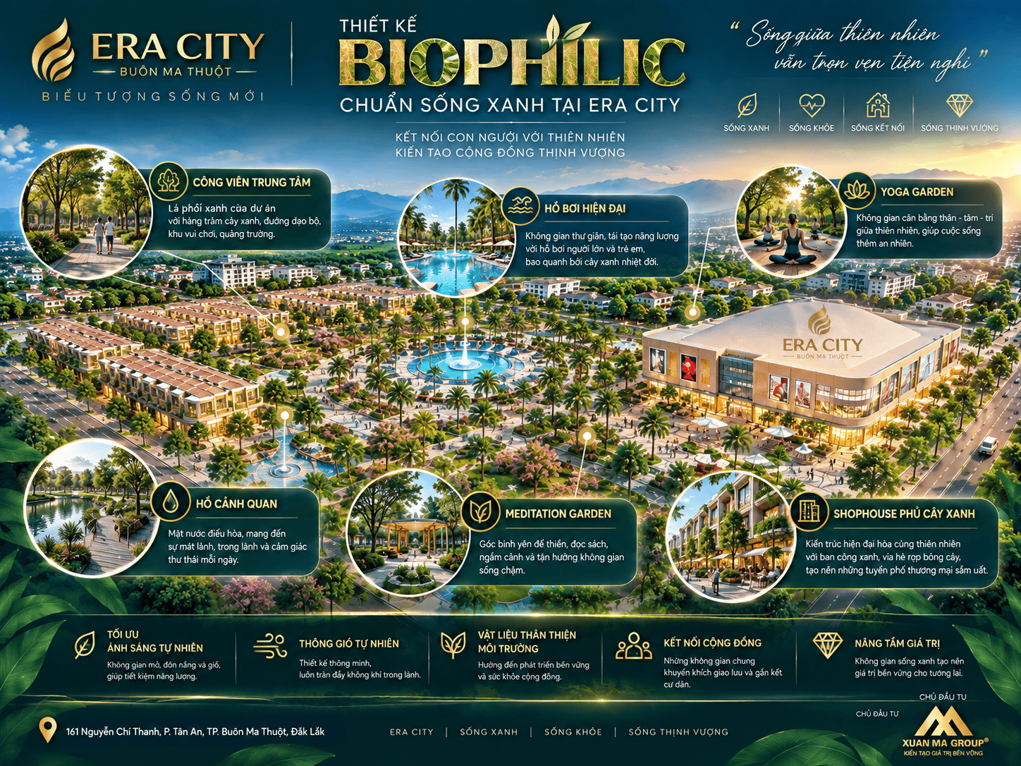Thiết kế Biophilic tại Era City Buôn Ma Thuột với công viên cây xanh, hồ bơi, Yoga Garden, Meditation Garden và không gian sống gần gũi thiên nhiên.